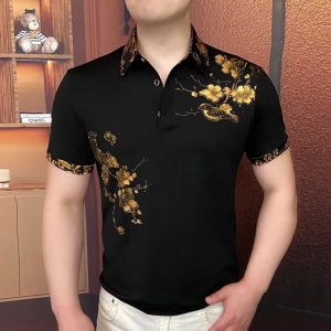 Ice Silk Polo Shirt Mens Short Sleeve Turn-down Collar Lightweight Luxury Floral Dream Business High-end T-shirt Summer Fashion