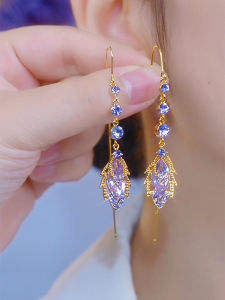 Long Purple Crystal Leaf Earrings Womens Anti-Loss Full Diamond Tassel Dangle Earrings Elegant Luxury Face Slimming Ear Jewelry