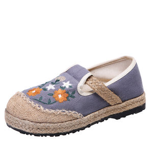Ethnic Style Beijing Cloth Shoes Flagship Authentic Womens Linen Woven Slip-on Fisherman Shoes Breathable Flats Vintage Embroidery