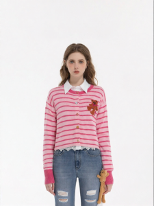 Striped Round-neck Colorful Buttons Cardigan Sweater