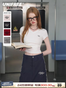 Áo Thun Tay Ngắn Cổ Chữ V Ôm Vừa Vặn Phong Cách Ngọt Ngào Mùa Hè UNIFREE Áo Thun Cotton Pha Trộn Cho Nữ