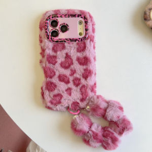 EOENKK | Warm Fluffy Plush Leopard Print Phone Pase for iPhone 17 16 15 14 13 12 11 Pro Max Plus Holder Stand Cover with Furry Band Chain