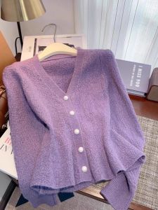 สไตล์ฝรั่งเศส ถัก คาร์ดิเกน เสื้อโค้ท ผู้หญิง ฤดูใบไม้ร่วง ฤดูหนาว หางปลาสั้นใหม่ เสื้อสเวตเตอร์ ถัก เสื้อท่อนบน V คอปุ่มเดียวแขนปกติ