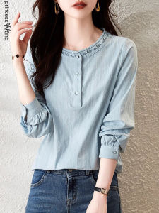 WANGGONGZHU | Elegant French Style Womens Shirt Long Sleeve Embroidery Design Autumn Fashion Slimming Straight Cut Commute Style Round Neck