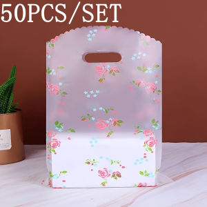 50pcsThanks Gift Bag with HandleBoutique Packaging Bag Souvenir Bag Plastic Floral Tote BagBirthday Party Wedding SouvenirBag