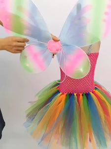 Candy Fairy Costumes Princess Girls Rainbow Tutu Dress Wing Kids Pixie Cosplay Halloween Clothing Performing Dresses