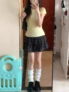 Váy Ngắn Chữ a Họa Tiết Hoa Màu Đen Phong Cách Hàn Quốc Cạp Cao Váy Ngắn Mùa Hè Cho Nữ