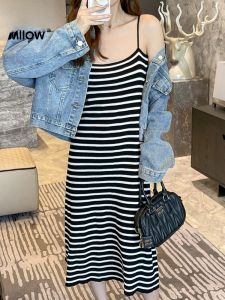 Miiow | Cat Lady Knitted Stripe Dress Long Strapless Gown Elegant Luxury Sensation Spring Fashion Womens Clothing U-Neckline Summer Dress