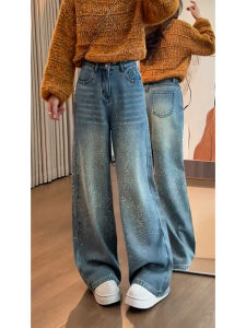 MANMI | Quần Jeans Chân Rộng Phồng Đính Hột Sao Xanh