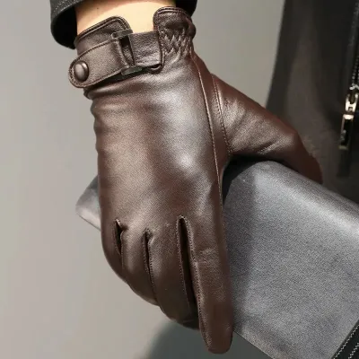 Mens Winter Warm Leather Gloves Thin Double Layered Fleece Lined Thickened Sheepskin Motorcycle Riding Driving Gloves