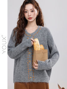 เสื้อคาร์ดิแกนถักคอปกกลมสีเทาสไตล์เกาหลีย้อนยุค ฤดูใบไม้ร่วง/ฤดูหนาว เสื้อคลุมยาวปานกลาง แขนยาว ปกติ