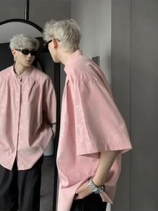 Pink Short Sleeve Ice Silk Shirt Thin High Street Style Mens Summer Fashion Brand Dark Pattern Stand Collar Outerwear