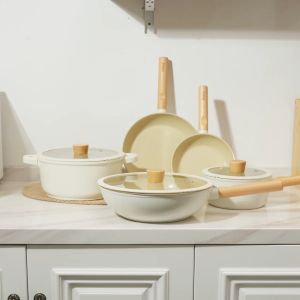 【Simplus x Inssa】 Wok Pan丨28cm Diameter丨Caramel Pudding Series丨Ceramic Coating丨Non-Stick丨Silicone Rimmed Lid丨Heat-Resistant Wooden Handle