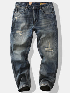 yzgf | Retro Street Style Patched Denim Jeans Mens Washed Vintage Straight Leg Loose Fit Cotton Pants