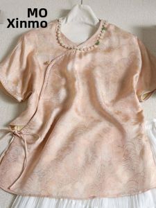 XMO | Elegant Pink Silk Embroidered Chinese Style Loose Slim Fit Slant-Collar Shirt