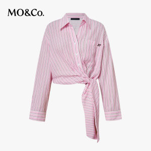 MO&Co. | Pink Brown Linen Cotton Loose Knot Striped Shirt