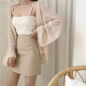 Nipis musim panas wanita baru dikait Sweater sederhana Cardigan pelindung matahari wanita versi korea pelajar lengan panjang longgar kot