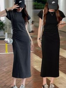 Black Slim Fit Lazy Style Dress Waist Cinched T-Shirt Womens Summer Mini Dress Bodycon Long Dress Elegant Thinming Small Size