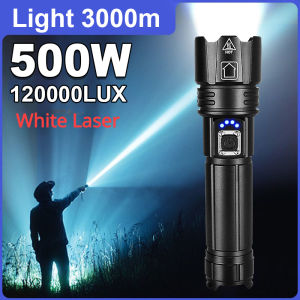 【White Laser】500W flash lights rechargeable emergency light torch light powerful rechargeable LED flashlight 100000 lumens working light zoomable Flashlight 3000M Lantern Ultra bright flashlights heavy duty touchlight Usb can charge phone japan torchlight