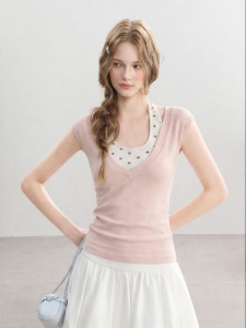 QIAOJIAOYA | Pink Polka Dot Halter Short Sleeve T-shirt Summer New Style Fitted Short Two-piece Set