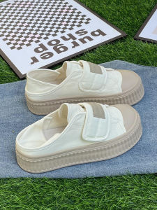 Summer Thin Breathable Magic Tape Canvas Shoes Womens Versatile Thick Bottom Slip-On White Sneakers Low Top round Toe Rubber Sole