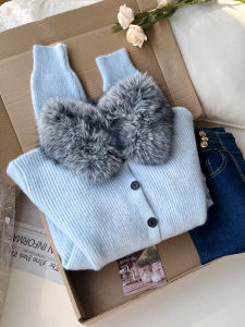 QINGNAER | Gentle Light Blue Fur Collar Sweater Knit Cardigan