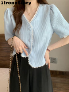 LAREINE Summer Korean Style Womens Blouse Puff Sleeve Lace V-Neck Waffle Crop Top