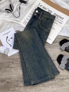 Retro American Cement Grey Flared Jeans Women High Waist Slim Elastic Faded Horse Hoof Autumn Winter Fleece Lined Flared Pants