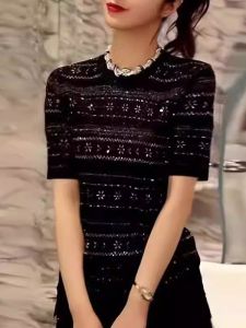 WANGGONGZHU | Heavy Embellished Short Sleeve T-Shirt Womens Summer Thin New Fashion Casual Design Sense Elegance Top Princess Style Commute Wind Slim Fit Pure Color