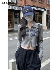 La Chapelle Grey Long Sleeve Polo Neck Printed T-Shirt Womens Slim Fit Shoulder Top Spring New Style Casual Pure Color Polyester Cotton Blend