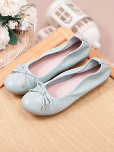 Foldable Ballet Shoes Women Mom Shoes Genuine Leather Tendon Bottom Soft Bottom round Head Plus size Versatile Spring Summer Flat Maternity Shoes Non-Slip