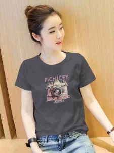 First-Line Brand Brand Counter Withdraw Korean Style Sense of Design Print round Neck Pure Cotton Short Sleeve T-shirt Female Super Hot All-Match Tops