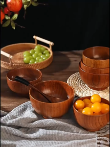 🍲 Japanese Style Anti-scalding Wooden Bowl Wood Rice Bowl Log Texture Mangkuk Kayu Anti Panas