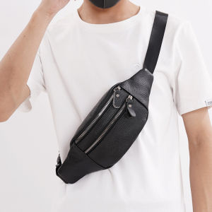 Leather Crossbody Bag Mens Litchi Pattern Genuine Cowhide Wallet Waterproof Mobile Phone Pouch Waist Pack for Casual Use
