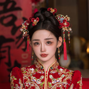 เครื่องประดับผมสไตล์จีนโบราณสีแดง สำหรับเจ้าสาว วัสดุโลหะผสม ประดับเพชรเทียม ชุดเครื่องประดับผมสำหรับงานแต่งงาน