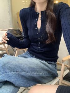 Áo Len Dệt Kim Ngắn Ôm Vừa Vặn Thời Trang Mùa Thu Đông Cho Nữ Áo Len Dệt Kim Dài Tay Cổ Tròn Màu Trơn Thường Ngày