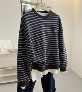 Mint Chocolate Lazy Vintage Striped round Neck Hoodie Women Loose Slimming Comfortable Mini Velvet Top Korean Style Long Sleeve