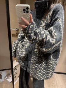 Deep Grey Knitted Open Cardigan Womens Loose Lazy Style College Atmosphere Sweater Coat Soft Thick Long Sleeve Floral Pattern