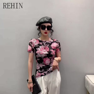 REHIN Womens top New Summer fashion mesh Unique pattern desig green smudge Tie-dye printed short-sleeved T-shirt round-neck Slim S-3XL thin elegant trend blouse