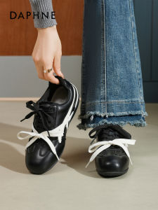 Daphne Black Deqin Shoes Womens 2026 New Spring Fashionable Casual Versatile Retro Sports Flat Shoes Cross Buckle Low Top