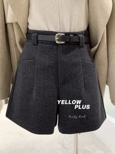 Elegant High Waist A-Line Woolen Wide Leg Shorts Belted Boot Pants Versatile Casual Trousers for Women Autumn Winter New Arrival