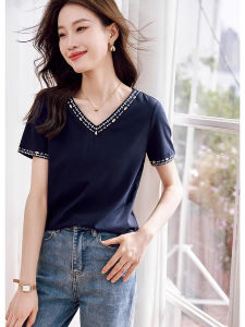 WANGGONGZHU | Princess Style Casual Loose Fit Short Sleeve T-Shirt Womens V-Neck Embroidered Top Fashionable Slimming Summer Knitwear