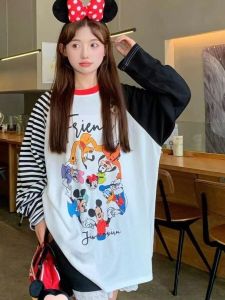 เสื้อยืดแขนยาวหลวมๆ สำหรับผู้หญิงไซส์ใหญ่ 300 ปอนด์ พิมพ์ลายการ์ตูนสีบล็อก ทรงหลวมๆ สไตล์ลำลอง เทรนด์ฤดูใบไม้ร่วง