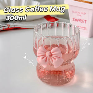 Talao 300ml Cute Bow Glass Cup Striped Coffee Cups Transparent Cold Drink Ice Cream Mug Cup