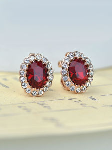 Fashionable Korean Style Women's Earrings: Rhinestone Embedded Ruby and Imitation Emerald Studs - Lightweight Luxury Crystal Zircon