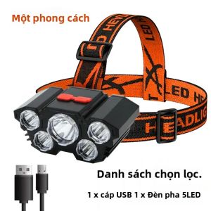 Đèn Pha 5 Đèn LED Có Thể Sạc Lại Với Pin Tích Hợp Ánh Sáng Mạnh Không Thấm Nước Để Cắm Trại Phiêu Lưu Câu Cá - Chế Độ Cao/trung/thấp Có Thể Điều Chỉnh