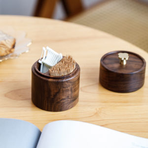 JUSTINLAU Solid Wood Toothpick Holder Walnut Dual Compartment Design Dental Floss Storage Box for Home Office Desktop Use