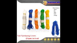 Tali Tambang Plastik Diameter 5 milimeter  / Tambang Nylon ukuran lebar 5 mm panjang 9 meter 1 Pak isi 5 pcs campur warna / Merah - Biru - Kuning - Orange - Hijau - Putih