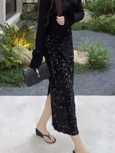 Black Heavy-duty Shiny Diamond Design High-waist A-line Mini Skirt Womens Fashion Slimming Luxury Split Half-length Skirts