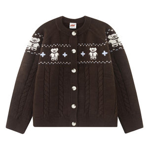 Áo Len Cardigan Dệt Kim Họa Tiết Gấu Mùa Thu Rộng Rãi F426 Áo Khoác Ngoài Dài Tay Cổ Tròn Thường Ngày Cho Thanh Thiếu Niên Thời Trang